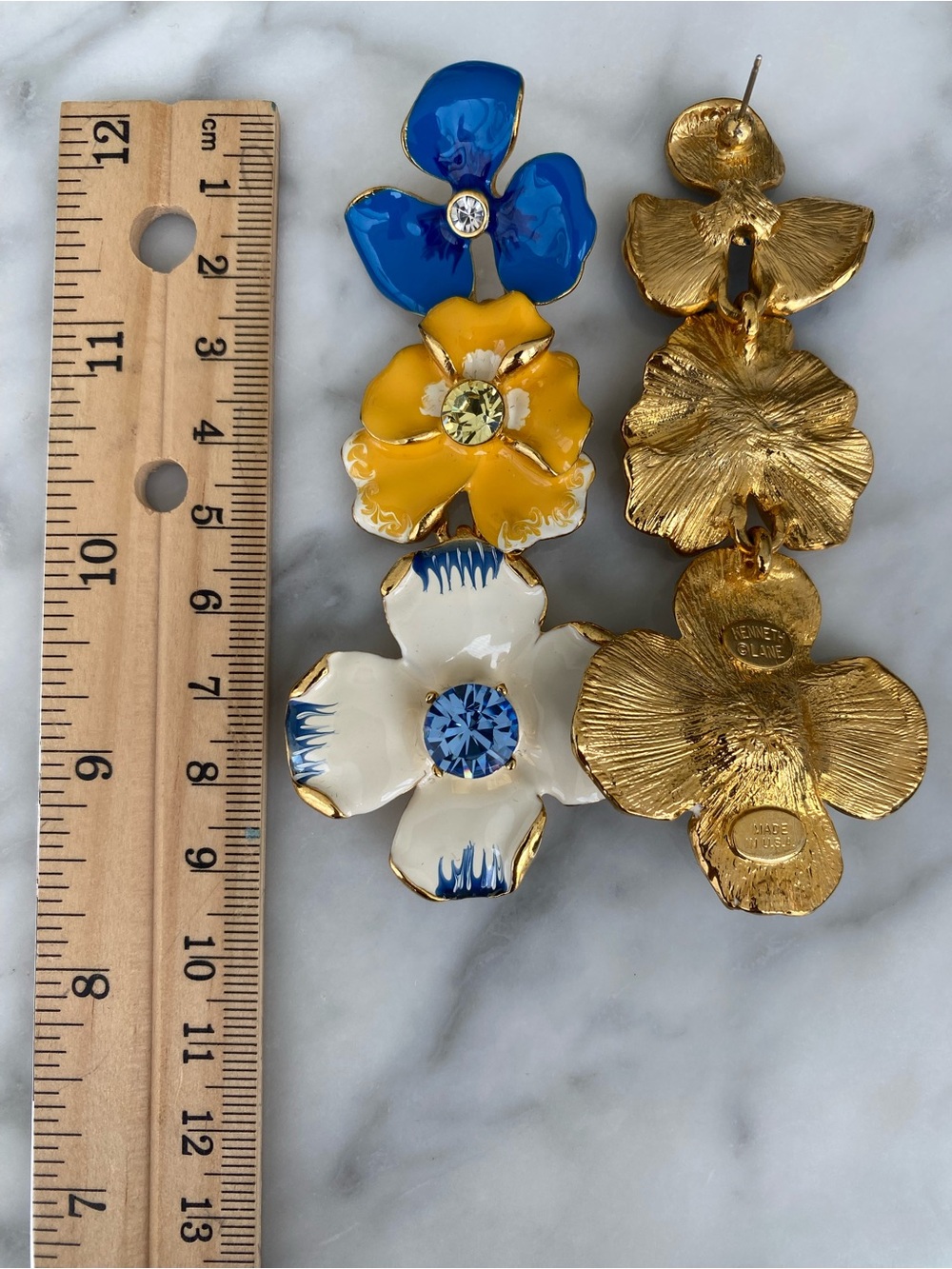 Kenneth Jay Lane Blue, Yellow & White Triple-Flower Drop Earrings - Picture 8 of 9